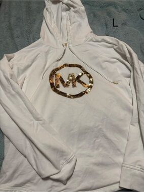 Michael Kors White Pullover Hoodie with Gold MK Sequin Logo